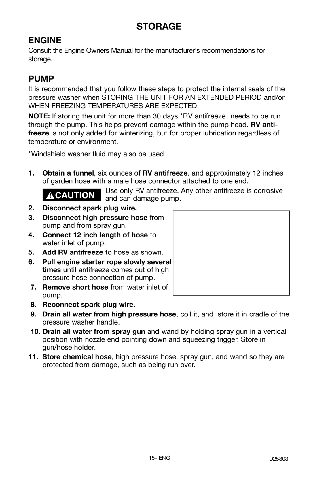 Porter-Cable D25803-025-1, PCH2401 instruction manual Storage, Engine Pump, Reconnect spark plug wire 