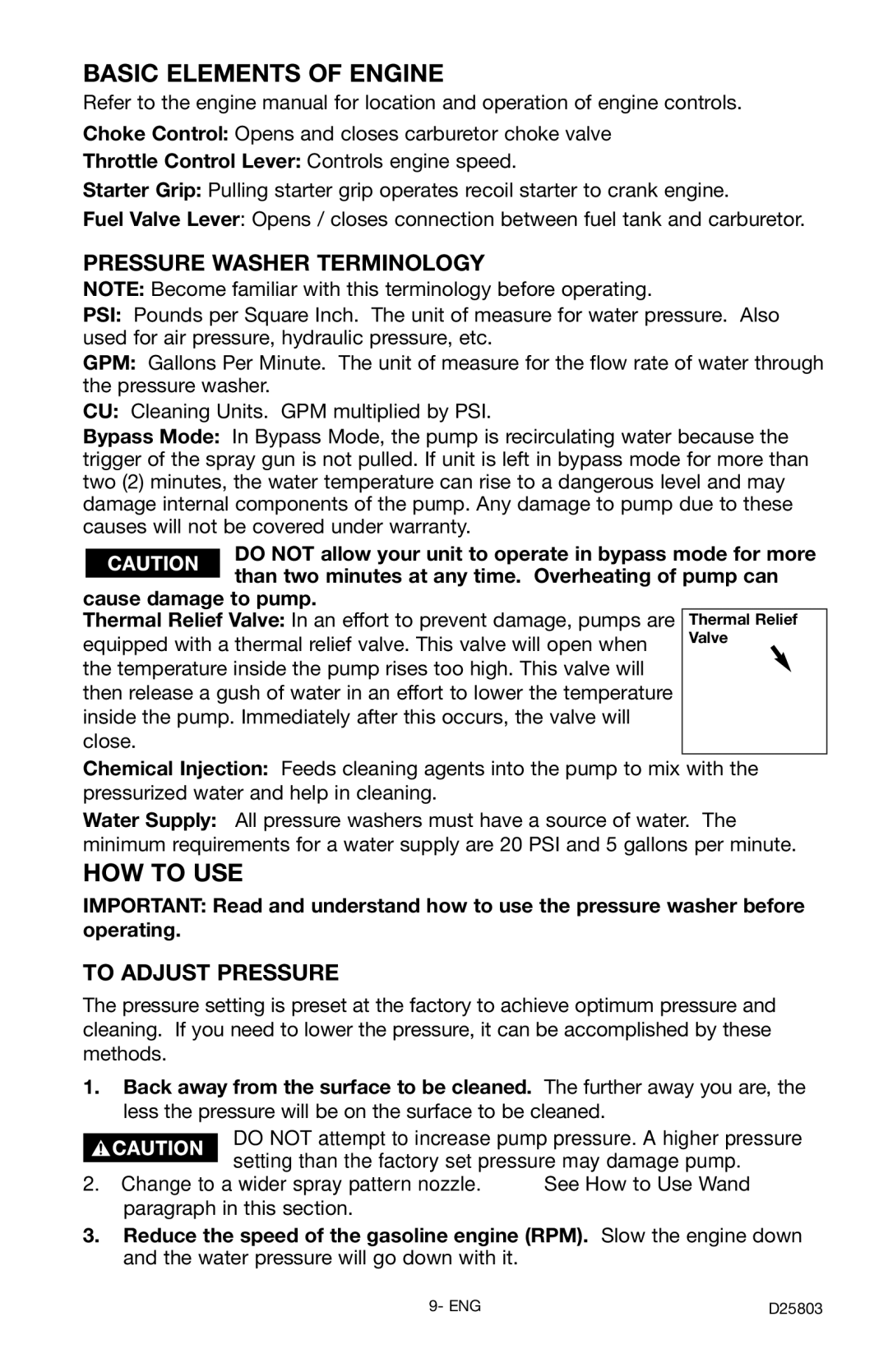 Porter-Cable D25803-025-1, PCH2401 Basic Elements of Engine, HOW to USE, Pressure Washer Terminology, To Adjust Pressure 