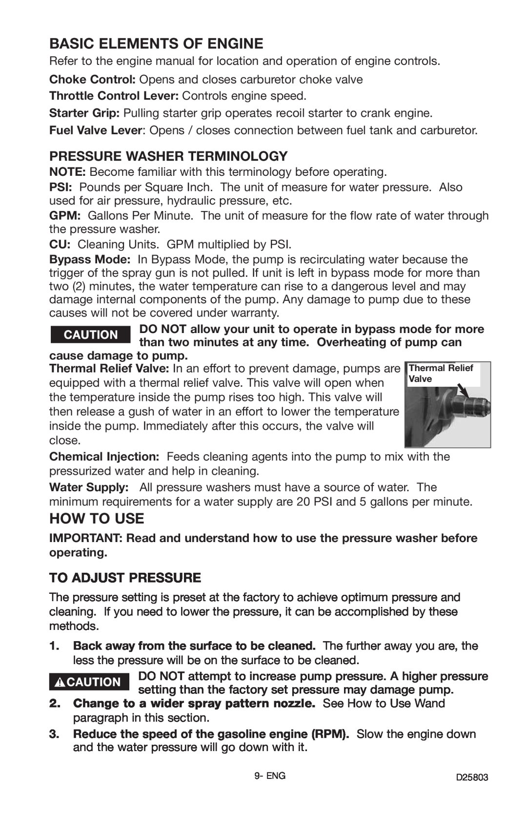 Porter-Cable D25803-025-1, PCH2401 Basic Elements Of Engine, How To Use, Pressure Washer Terminology, To Adjust Pressure 
