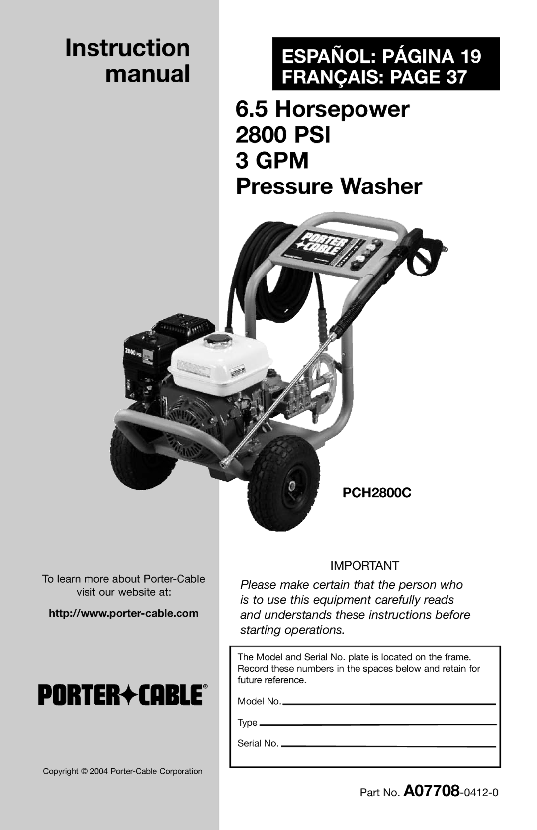 Porter-Cable A07708-0412-0, PCH2800C instruction manual Gpm 