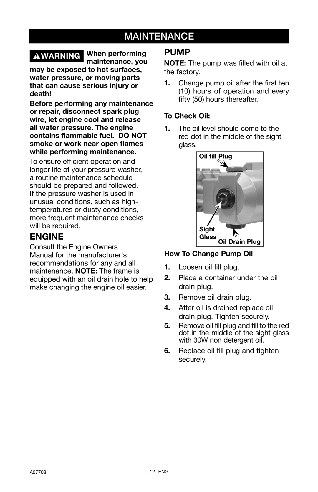 Porter-Cable PCH2800C, A07708-0412-0 instruction manual Maintenance, Engine Pump 