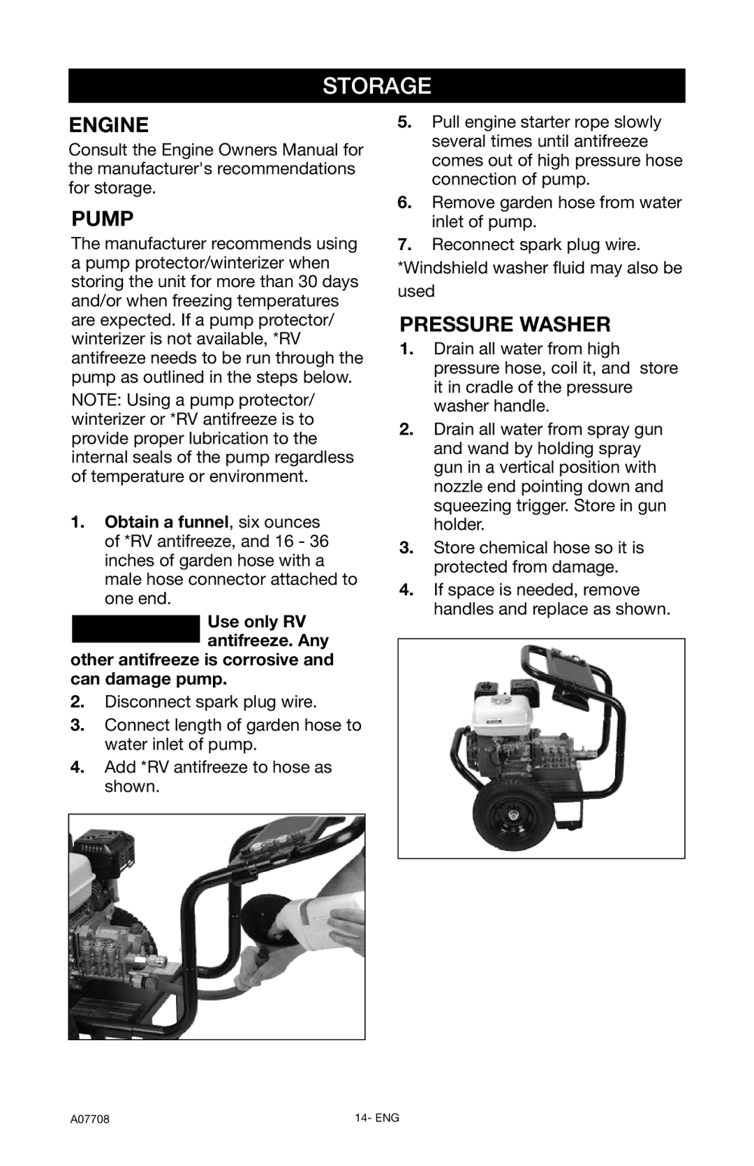 Porter-Cable PCH2800C, A07708-0412-0 instruction manual Storage, Pressure Washer 