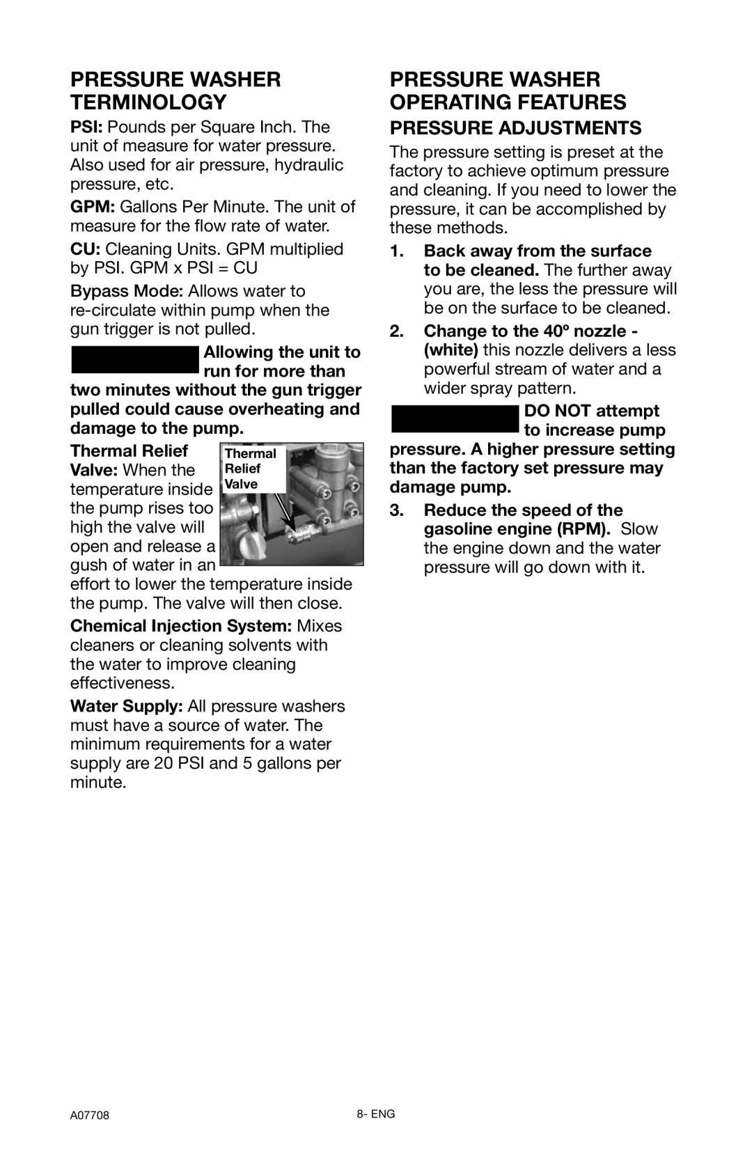 Porter-Cable PCH2800C, A07708-0412-0 instruction manual Pressure Washer Terminology, Pressure Adjustments 