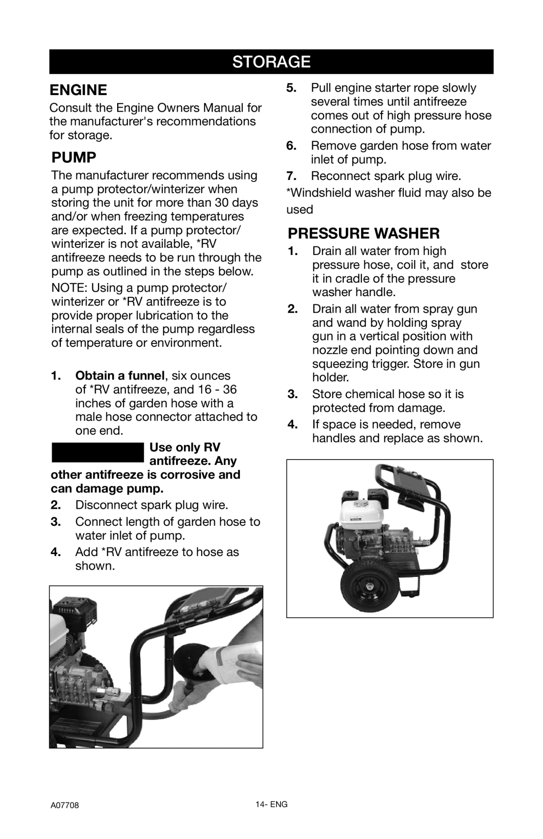 Porter-Cable PCH2800C, A07708-0412-0 instruction manual Storage, Pressure Washer, Engine, Pump 
