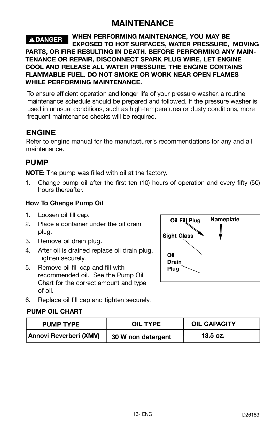 Porter-Cable D26183-025-1 Maintenance, Engine, How To Change Pump Oil, Annovi Reverberi XMV Non detergent 13.5 oz 