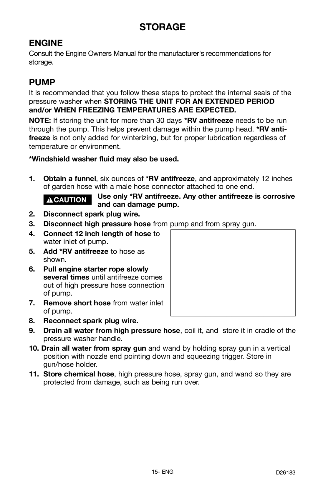 Porter-Cable D26183-025-1, PCH3031A instruction manual Storage, Engine Pump, Windshield washer fluid may also be used 