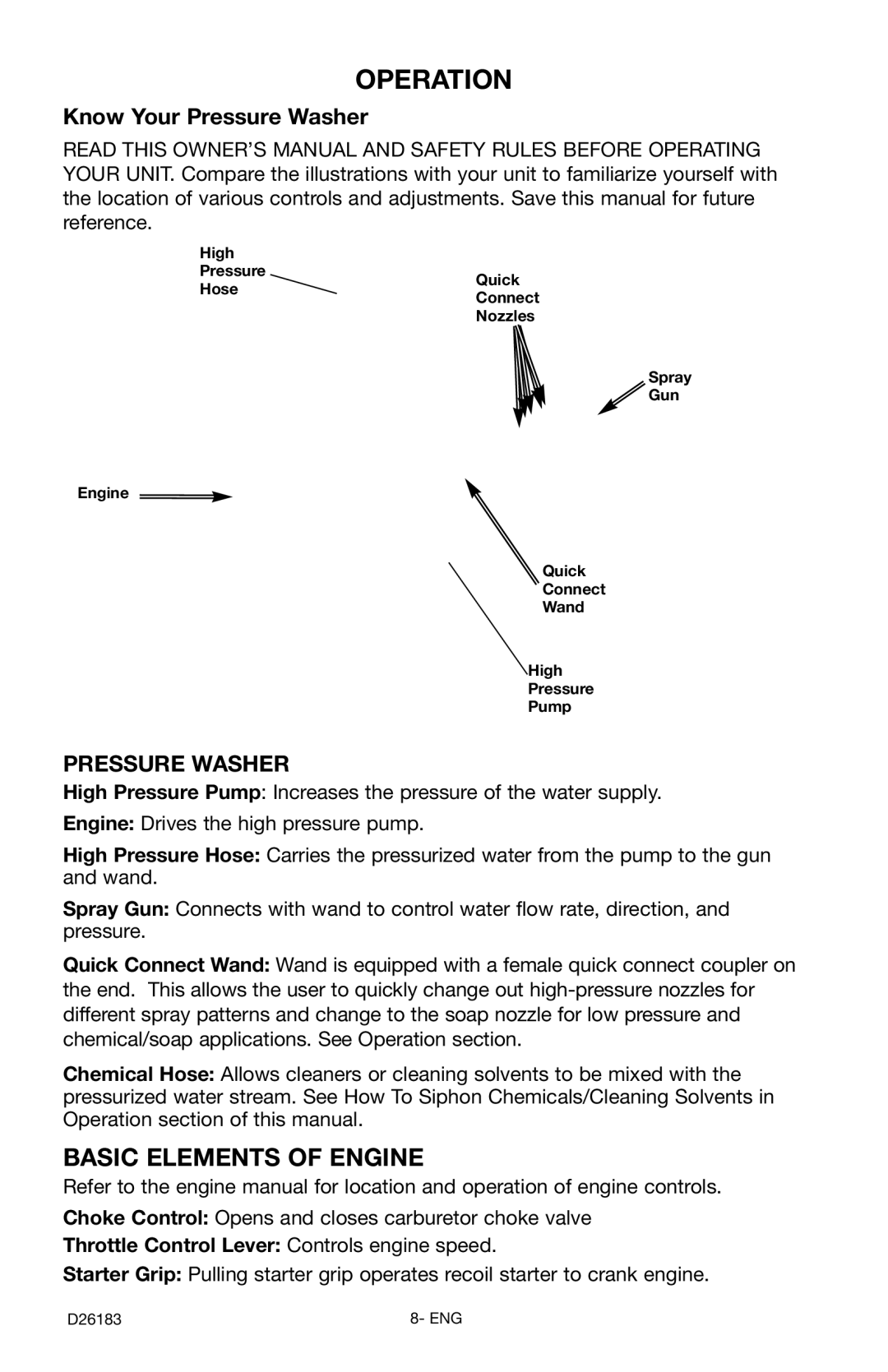 Porter-Cable PCH3031A Operation, Basic Elements of Engine, Pressure Washer, Throttle Control Lever Controls engine speed 