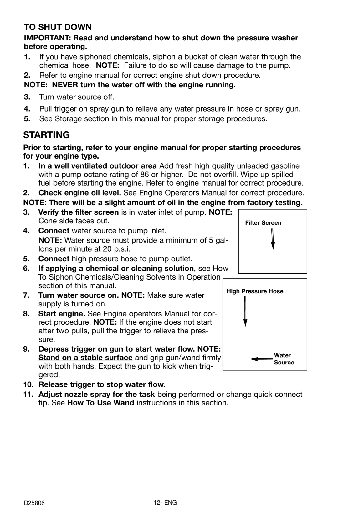 Porter-Cable PCH3600GRC, D25806-025-2 instruction manual Starting, To Shut Down, Release trigger to stop water flow 