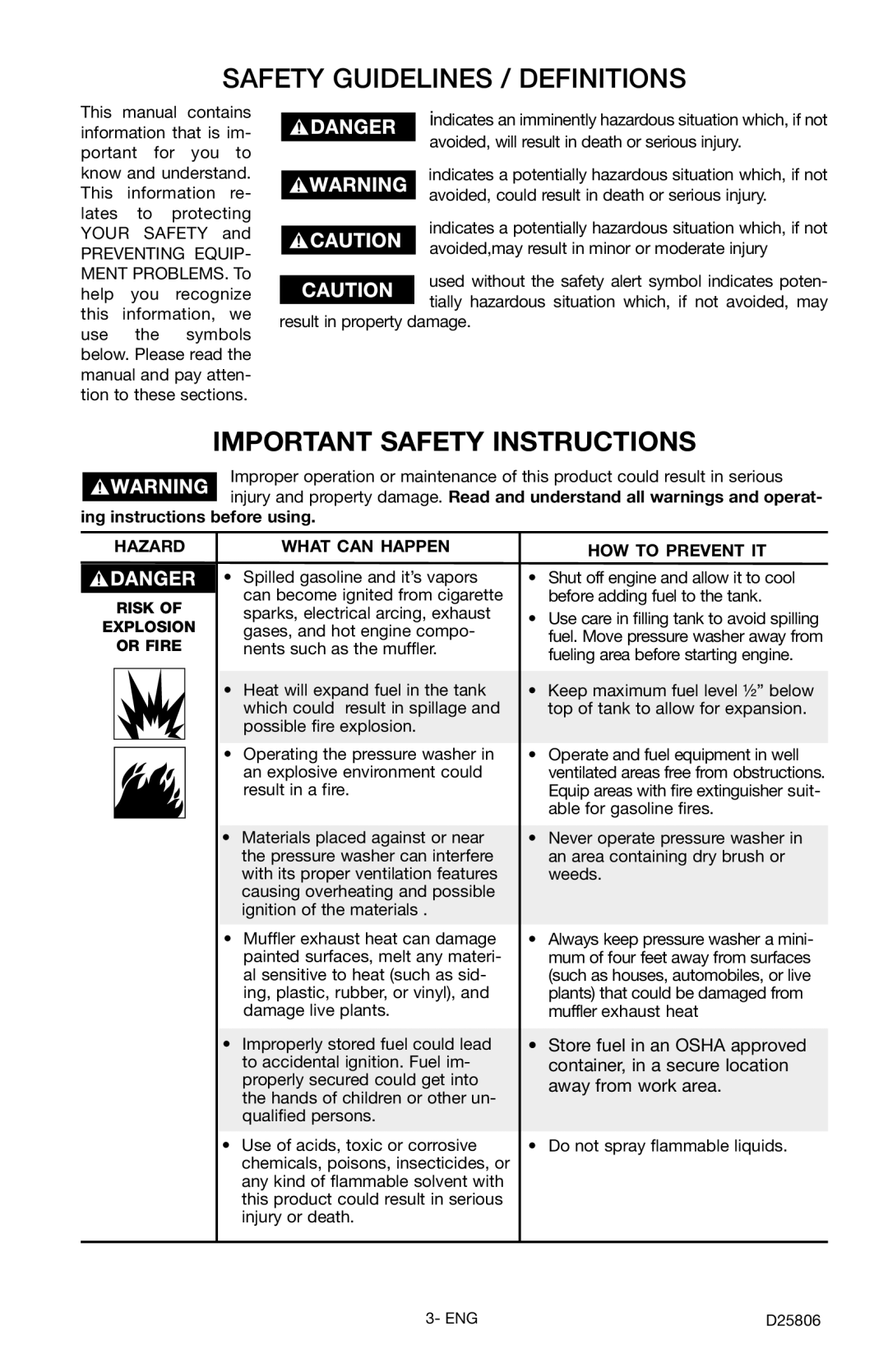 Porter-Cable D25806-025-2, PCH3600GRC instruction manual Safety Guidelines / Definitions, Important Safety Instructions 