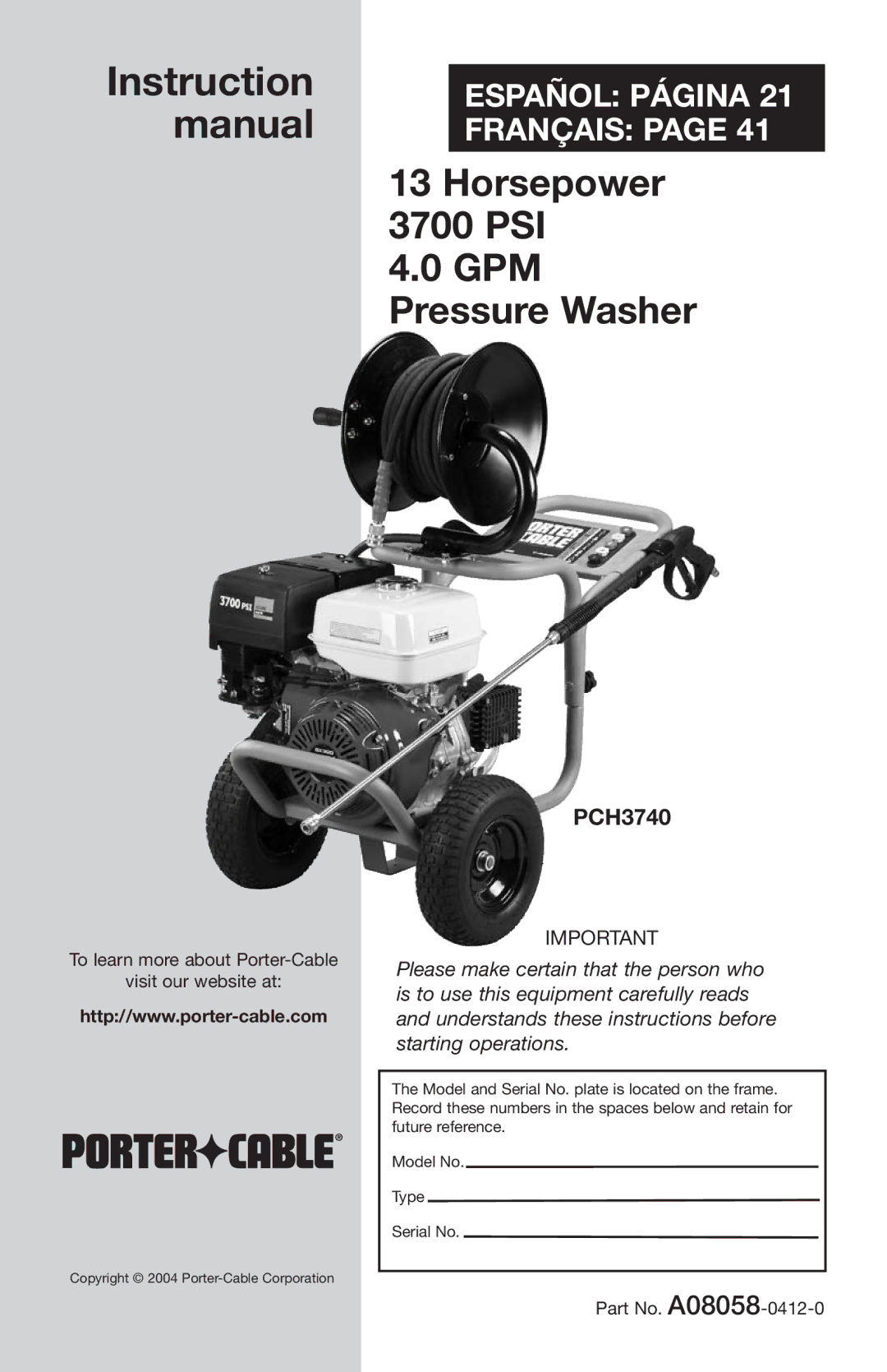 Porter-Cable A08058-0412-0, PCH3740 instruction manual Horsepower 3700 PSI 