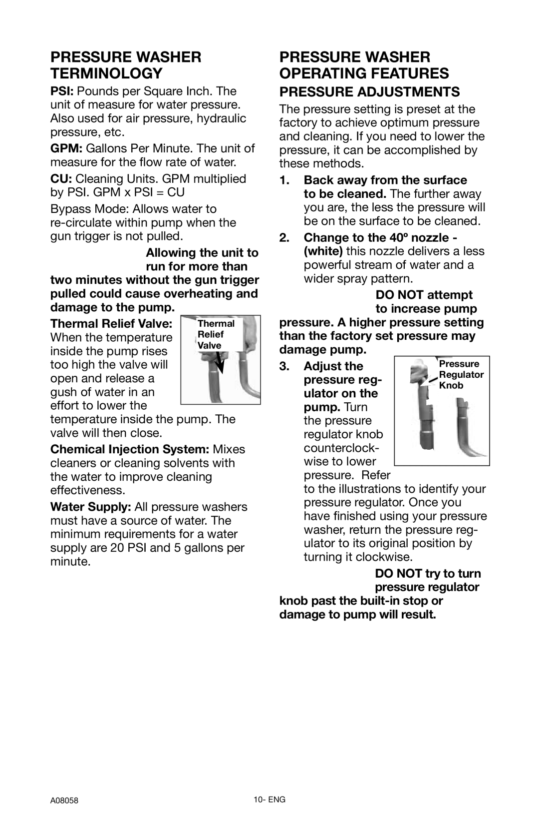 Porter-Cable PCH3740, A08058-0412-0 instruction manual Pressure Washer Terminology, Pressure Adjustments 