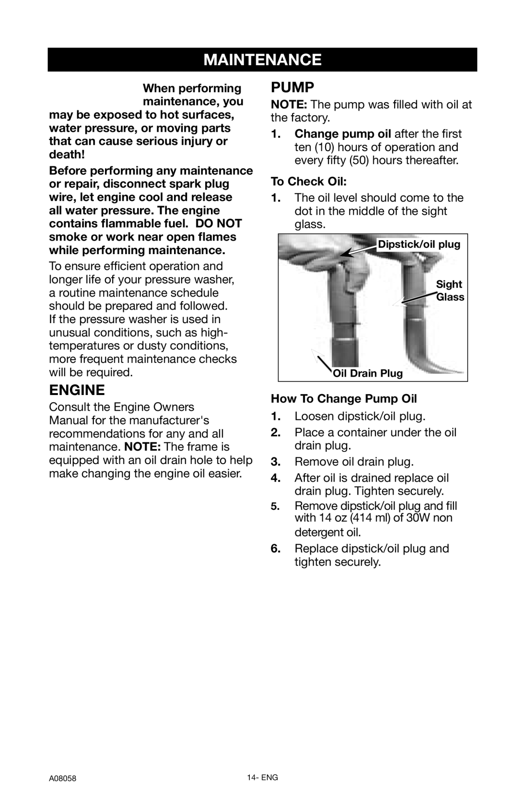 Porter-Cable PCH3740, A08058-0412-0 instruction manual Maintenance, Engine Pump, How To Change Pump Oil 