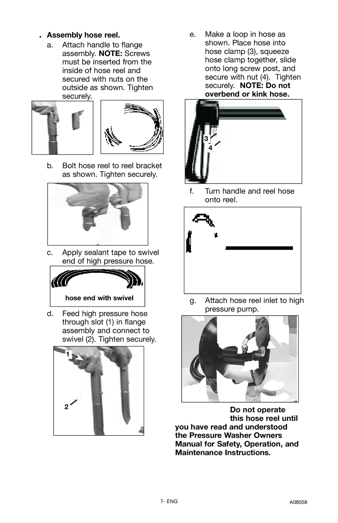 Porter-Cable A08058-0412-0, PCH3740 Assembly hose reel, Do not operate this hose reel until, Hose end with swivel 