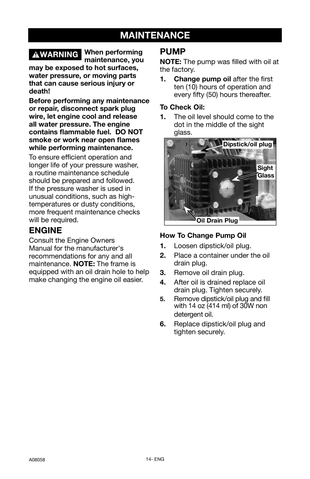 Porter-Cable PCH3740, A08058-0412-0 instruction manual Maintenance, Engine, Pump 
