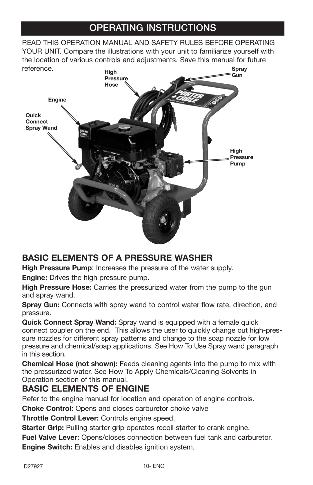 Porter-Cable PCK3030SP Operating Instructions, Basic Elements of a Pressure Washer, Basic Elements of Engine, Reference 