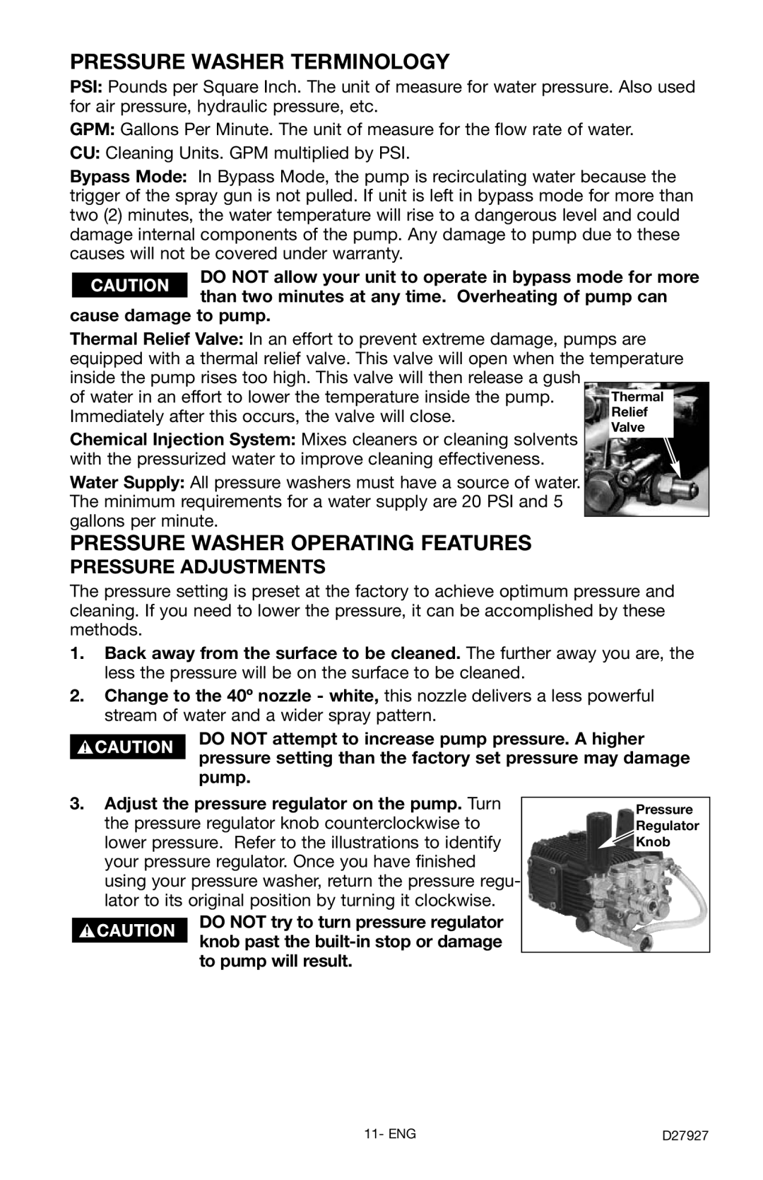 Porter-Cable D27927-034-0, PCK3030SP Pressure Washer Terminology, Pressure Washer Operating Features, Pressure Adjustments 