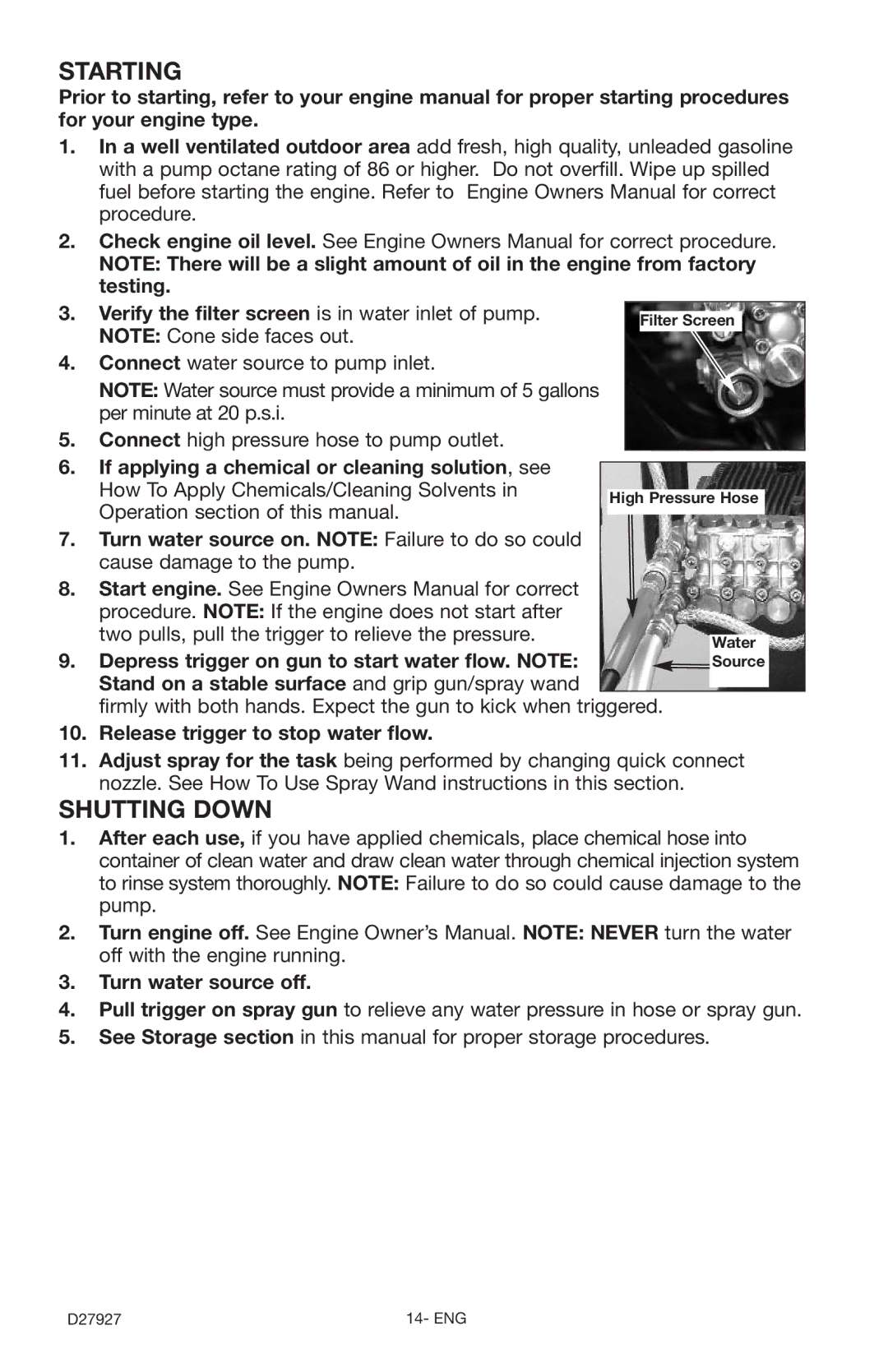 Porter-Cable PCK3030SP Starting, Shutting Down, If applying a chemical or cleaning solution, see, Turn water source off 