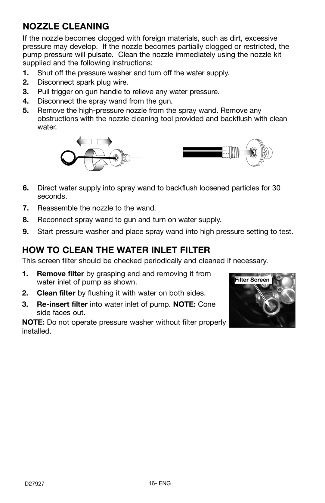 Porter-Cable PCK3030SP, D27927-034-0 instruction manual Nozzle Cleaning, HOW to Clean the Water Inlet Filter 