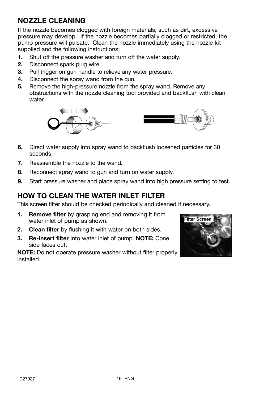 Porter-Cable PCK3030SP, D27927-034-0 instruction manual Nozzle Cleaning, How To Clean The Water Inlet Filter 