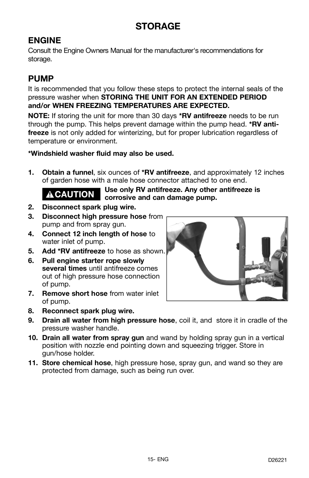 Porter-Cable D26221-025-1, PCK4040SP instruction manual Storage, Engine Pump, Windshield washer fluid may also be used 