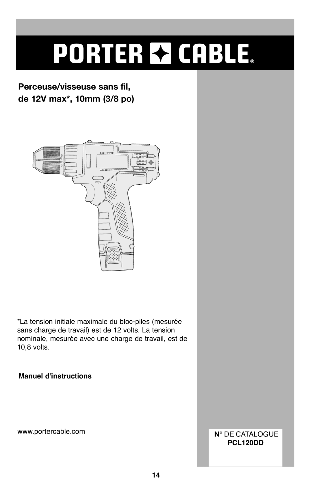 Porter-Cable PCL120DD instruction manual Perceuse/visseuse sans fil, de 12V max*, 10mm 3/8 po, Manuel dinstructions 