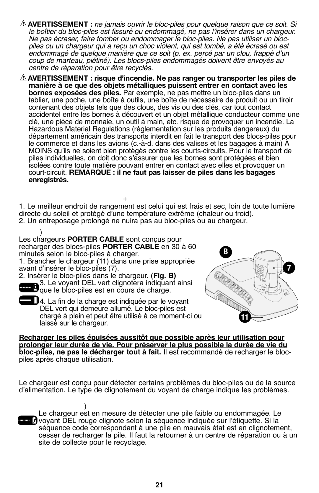 Porter-Cable PCL120DD Recommandations EN Matière DE Rangement, Procédure DE Charge, Fonctions DE Diagnostic DU Chargeur 