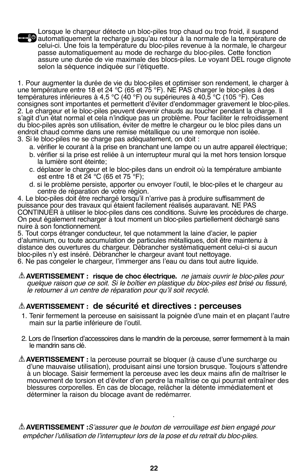 Porter-Cable PCL120DD Fonction DE Suspension DU BLOC-PILES CHAUD/FROID, Remarques Importantes Pour LE Chargement 