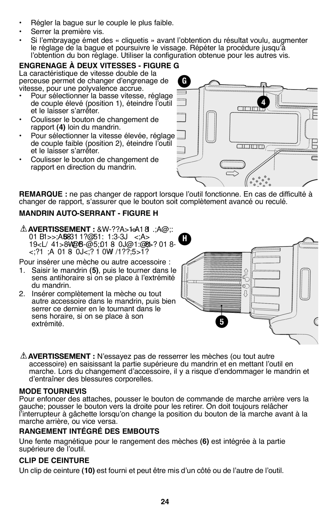 Porter-Cable PCL120DD Engrenage À Deux Vitesses Figure G, Mandrin AUTO-SERRANT Figure H, Mode Tournevis, Clip DE Ceinture 