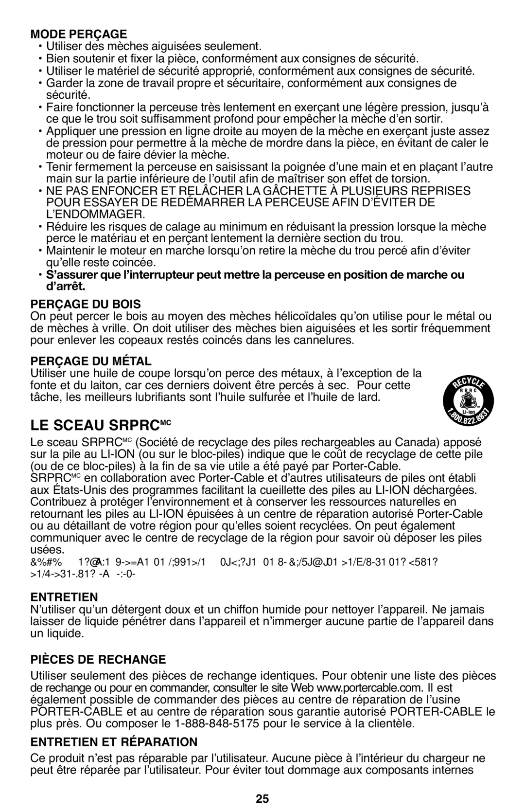 Porter-Cable PCL120DD instruction manual Mode Perçage, Perçage DU Métal, Pièces DE Rechange Entretien ET Réparation 