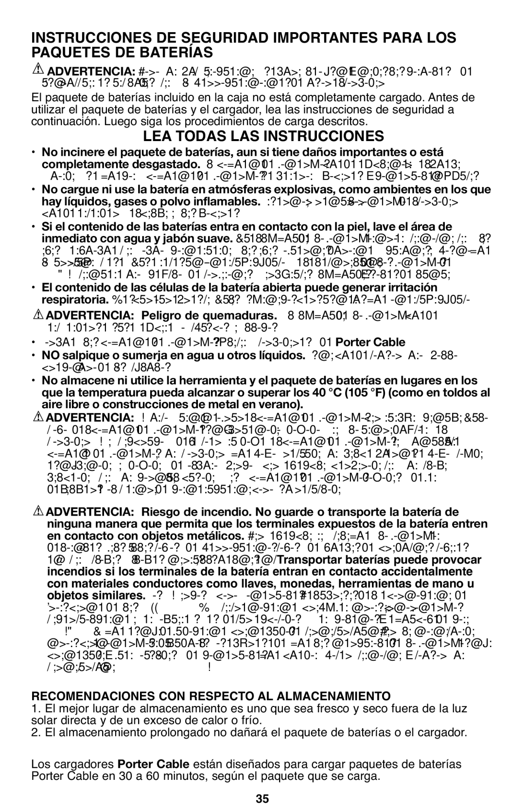 Porter-Cable PCL120DD instruction manual El líquido de la batería puede, Prematura de las células 