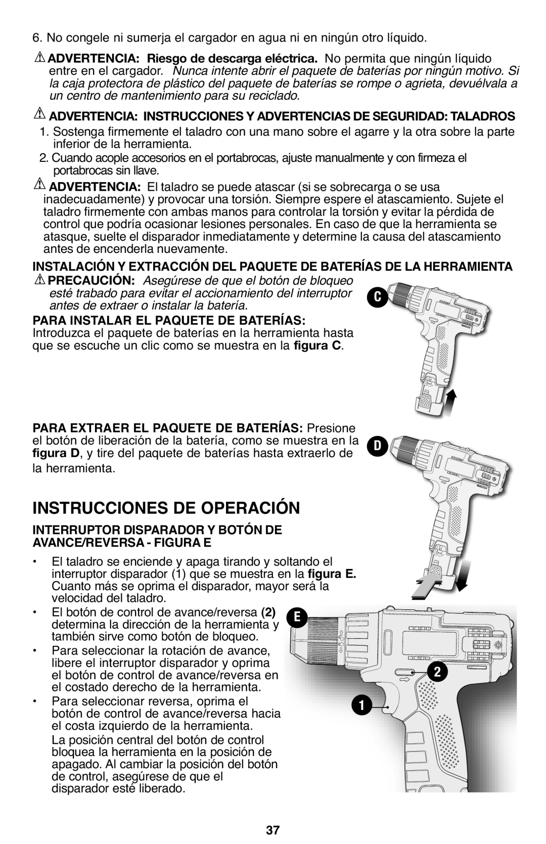 Porter-Cable PCL120DD Instrucciones DE Operación, Interruptor Disparador Y Botón DE AVANCE/REVERSA Figura E 