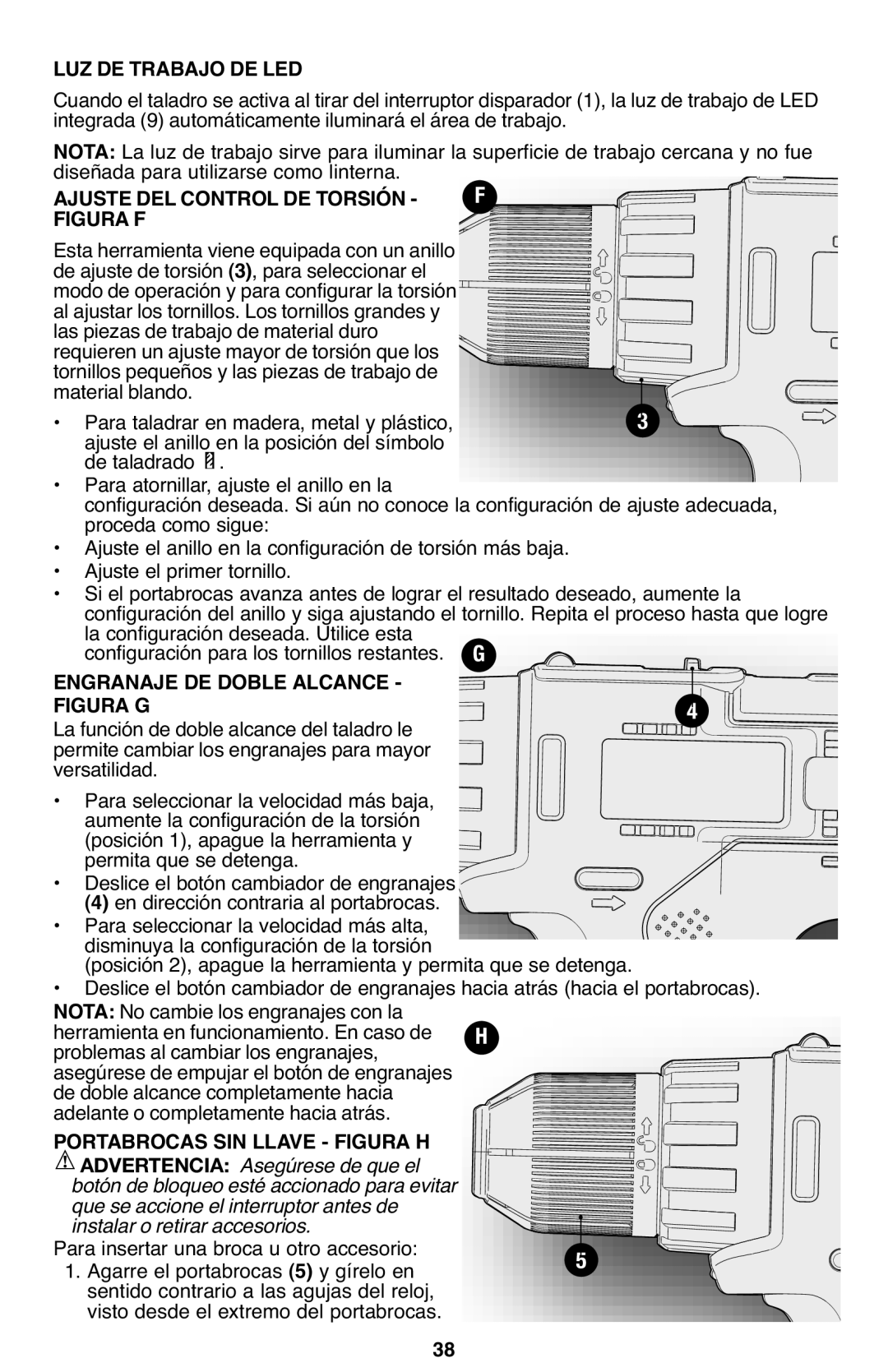 Porter-Cable PCL120DD instruction manual LUZ DE Trabajo DE LED, Ajuste DEL Control DE Torsión, Engranaje DE Doble Alcance 