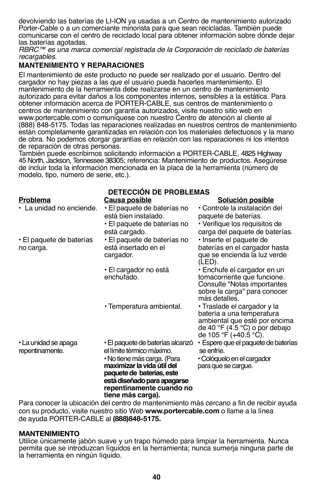 Porter-Cable PCL120DD instruction manual Mantenimiento Y Reparaciones, Detección DE Problemas 