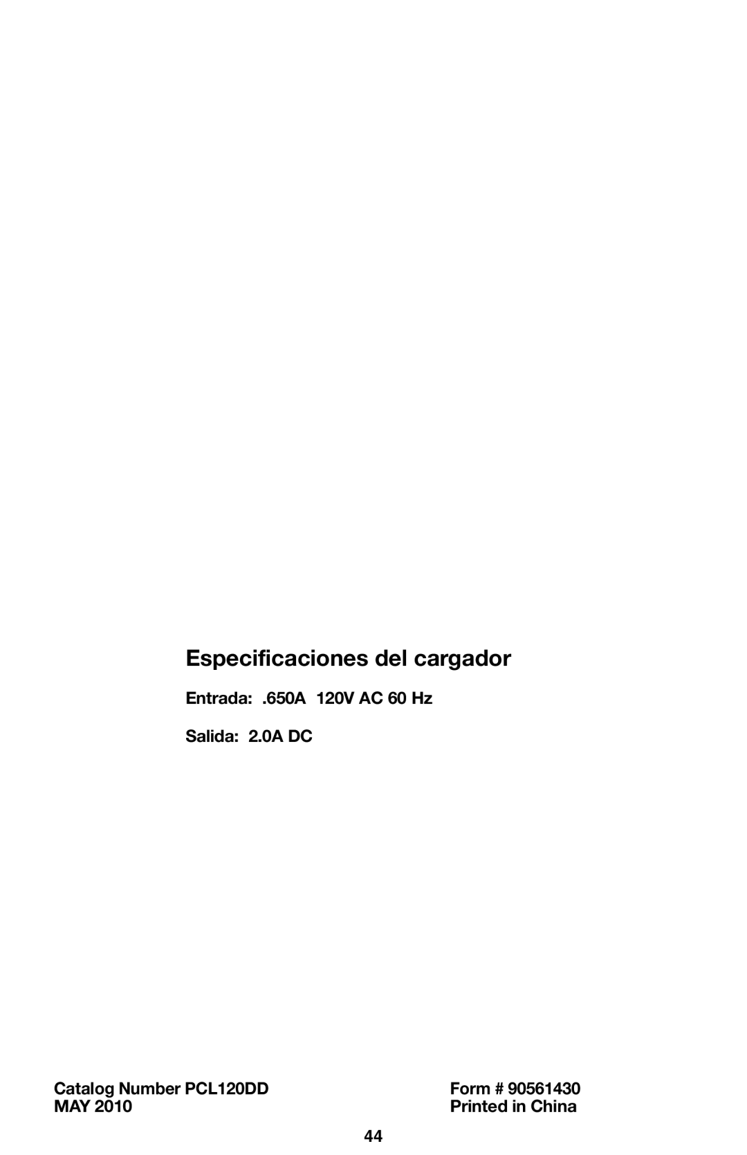 Porter-Cable PCL120DD instruction manual Especificaciones del cargador 