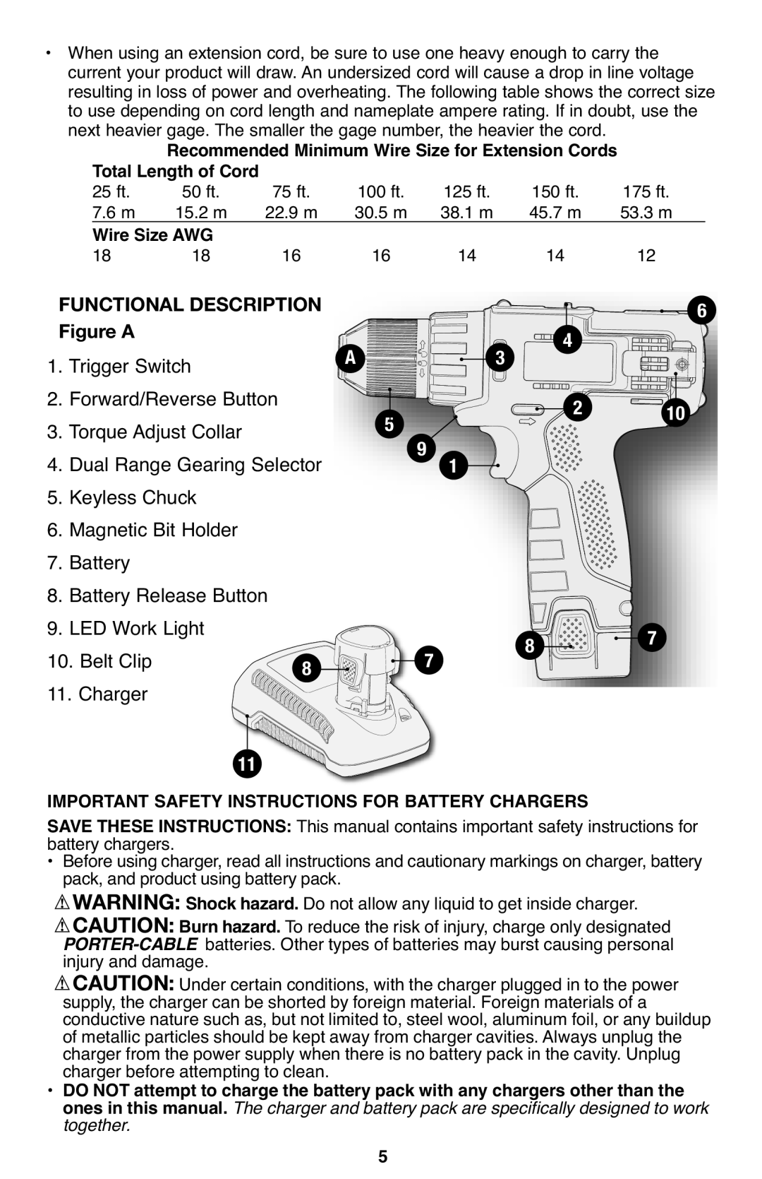 Porter-Cable PCL120DD instruction manual Wire Size AWG, Important Safety Instructions for Battery Chargers 