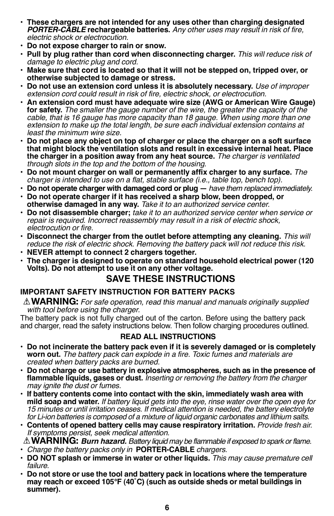 Porter-Cable PCL120DD instruction manual Important Safety Instruction for Battery Packs, Read ALL Instructions 