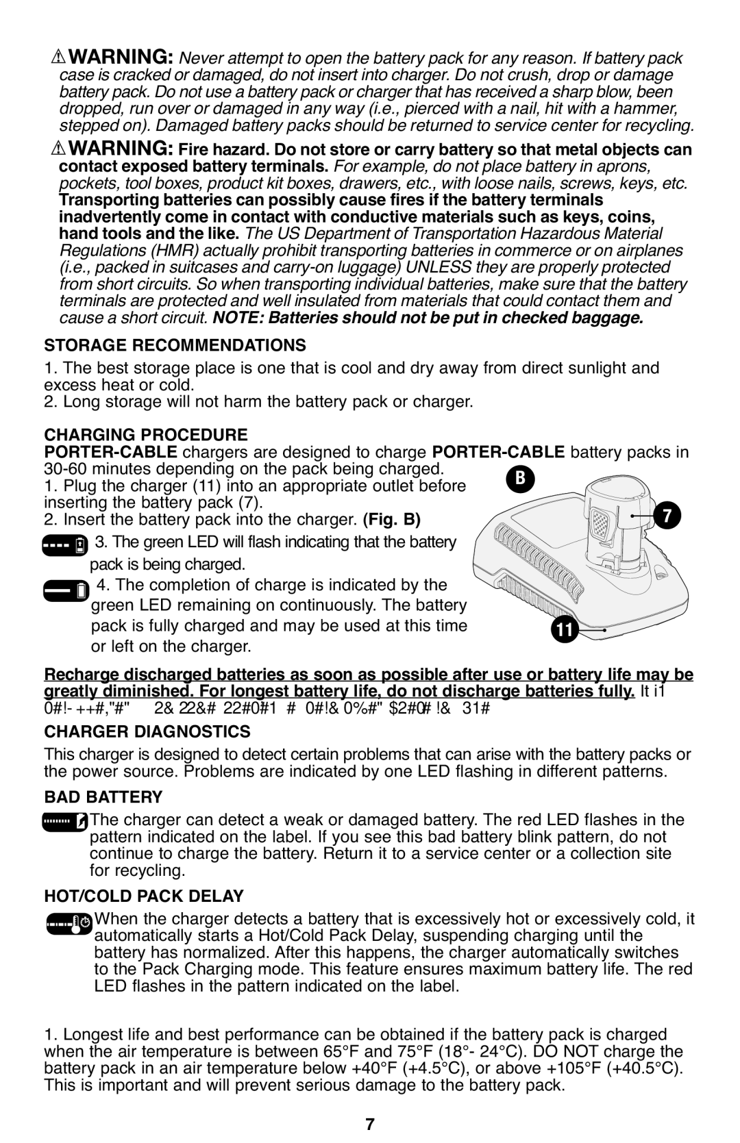 Porter-Cable PCL120DD instruction manual Charger Diagnostics, BAD Battery, HOT/COLD Pack Delay, Important Charging Notes 