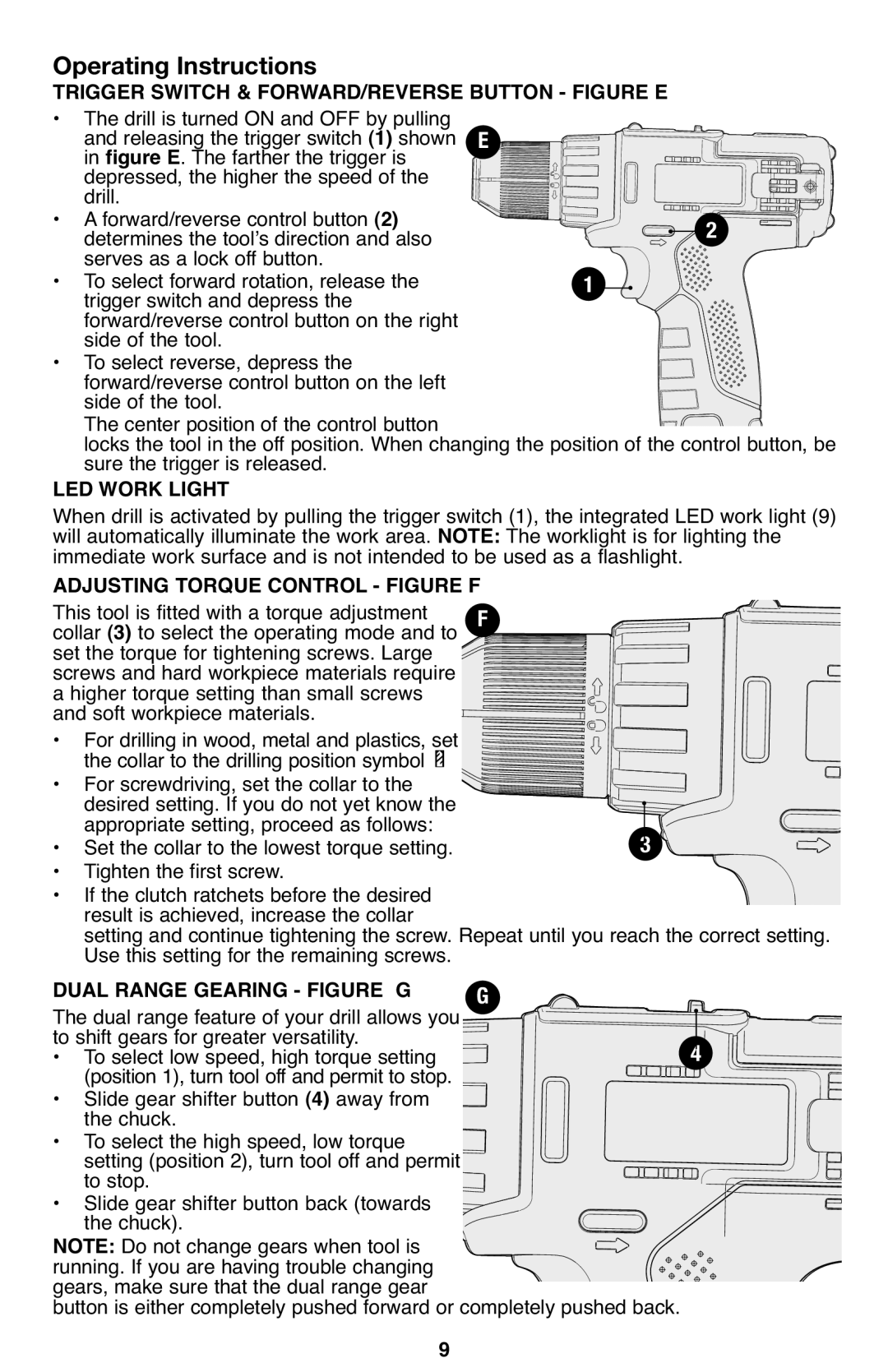 Porter-Cable PCL120DD Trigger Switch & FORWARD/REVERSE Button Figure E, LED Work Light, Adjusting Torque Control Figure F 