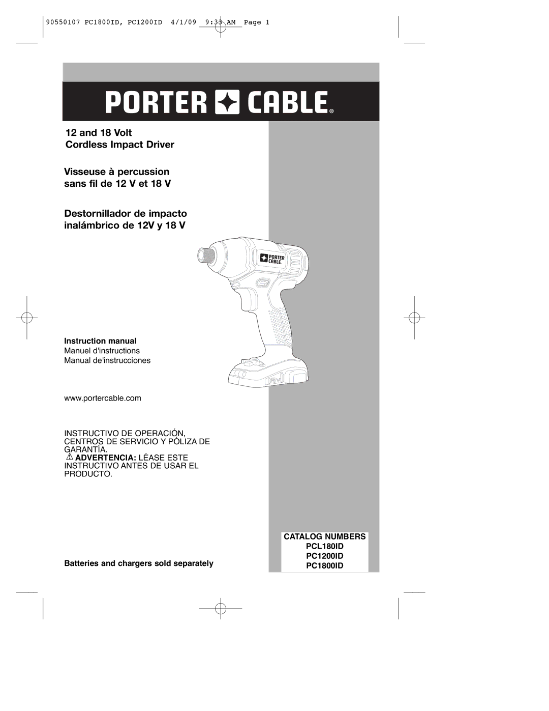 Porter-Cable PC1800ID, 90550107, PC1200ID instruction manual Advertencia Léase Este, Catalog Numbers PCL180ID 