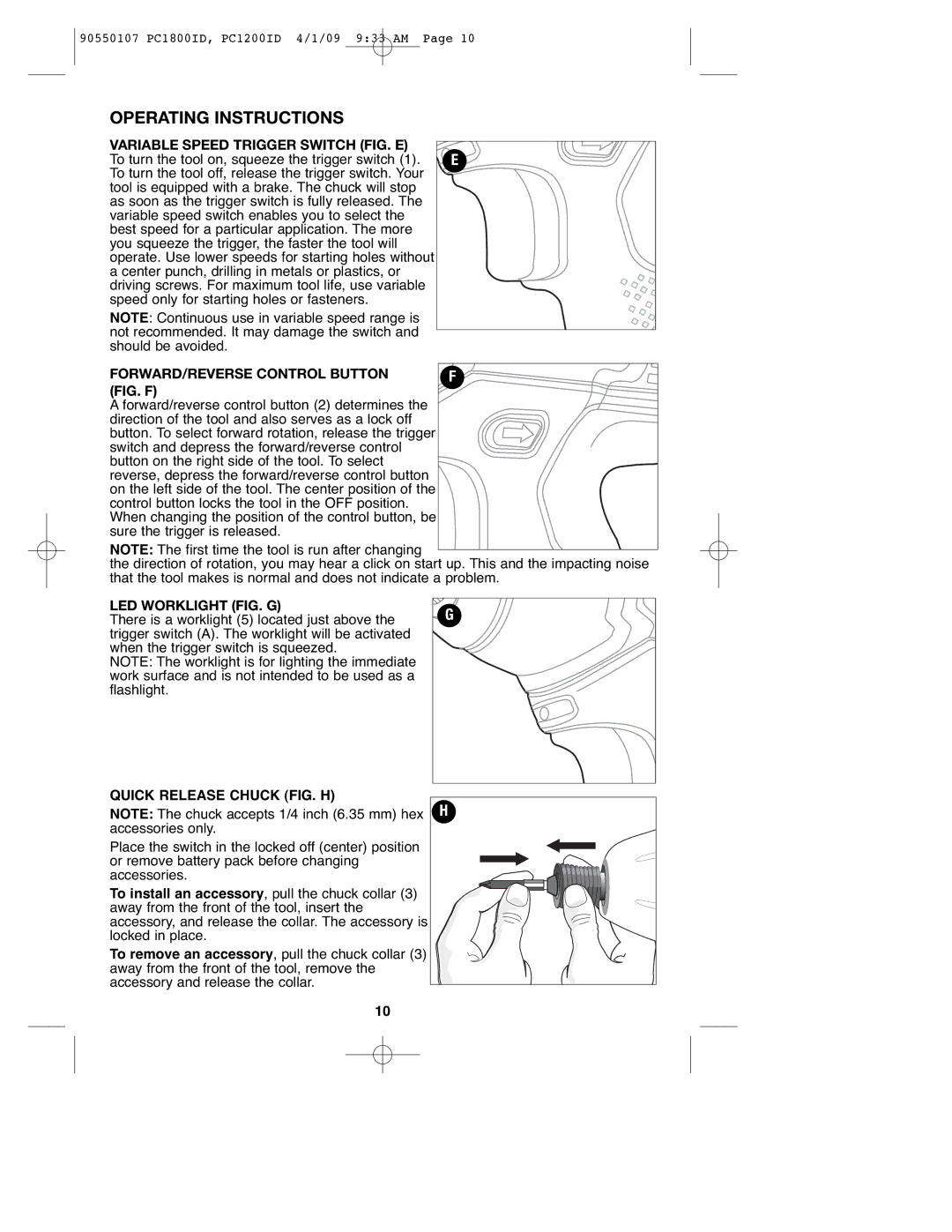 Porter-Cable 90550107 Operating Instructions, Variable Speed Trigger Switch FIG. E, FORWARD/REVERSE Control Button 