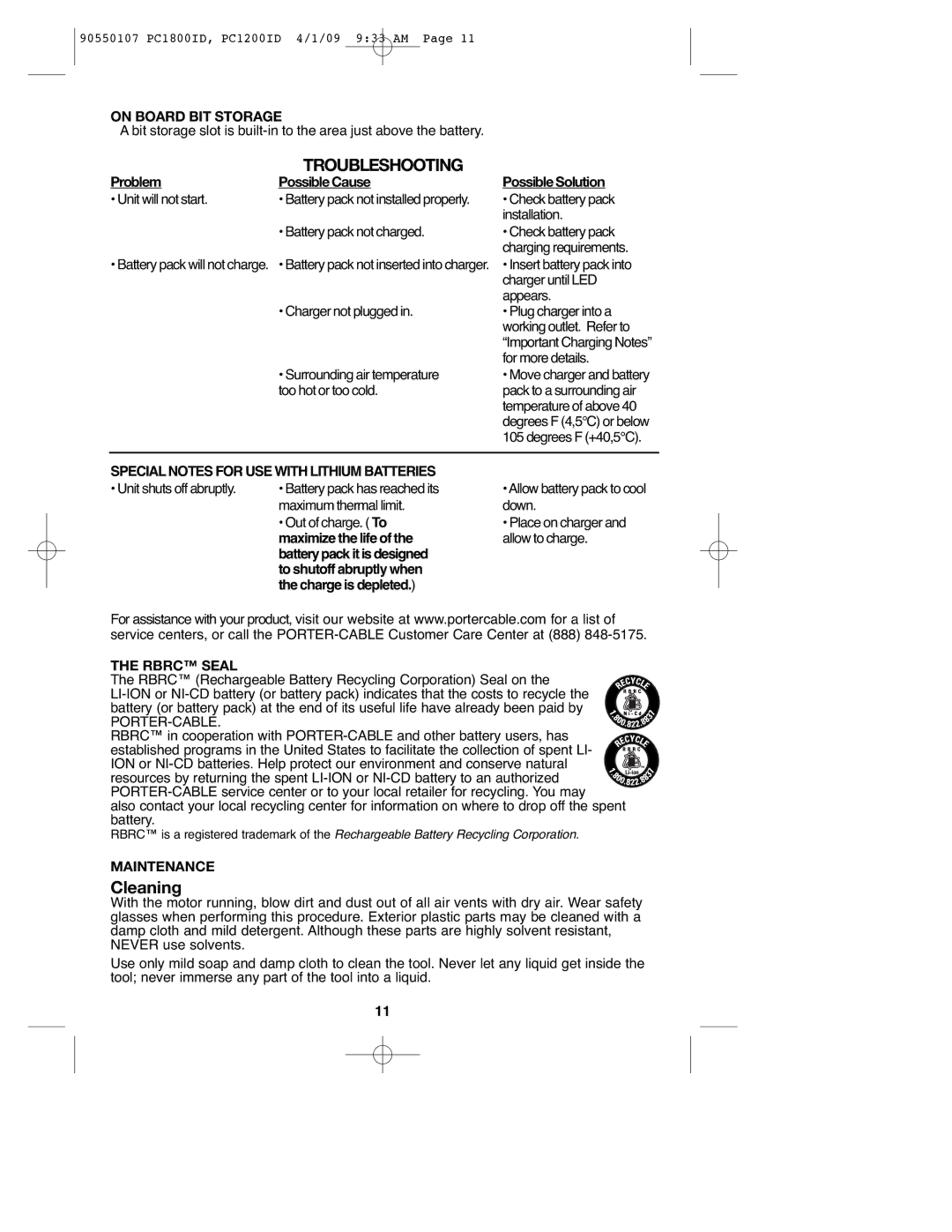 Porter-Cable PC1200ID Troubleshooting, On Board BIT Storage, Specialnotes for USE with Lithium Batteries, Rbrc Seal 