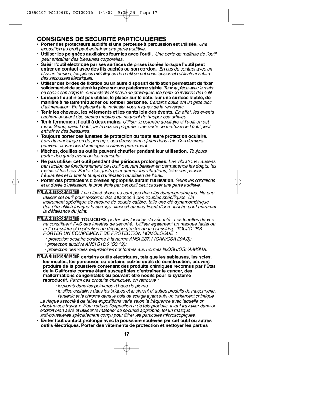 Porter-Cable PC1800ID, PCL180ID, 90550107, PC1200ID instruction manual Consignes DE Sécurité Particulières 