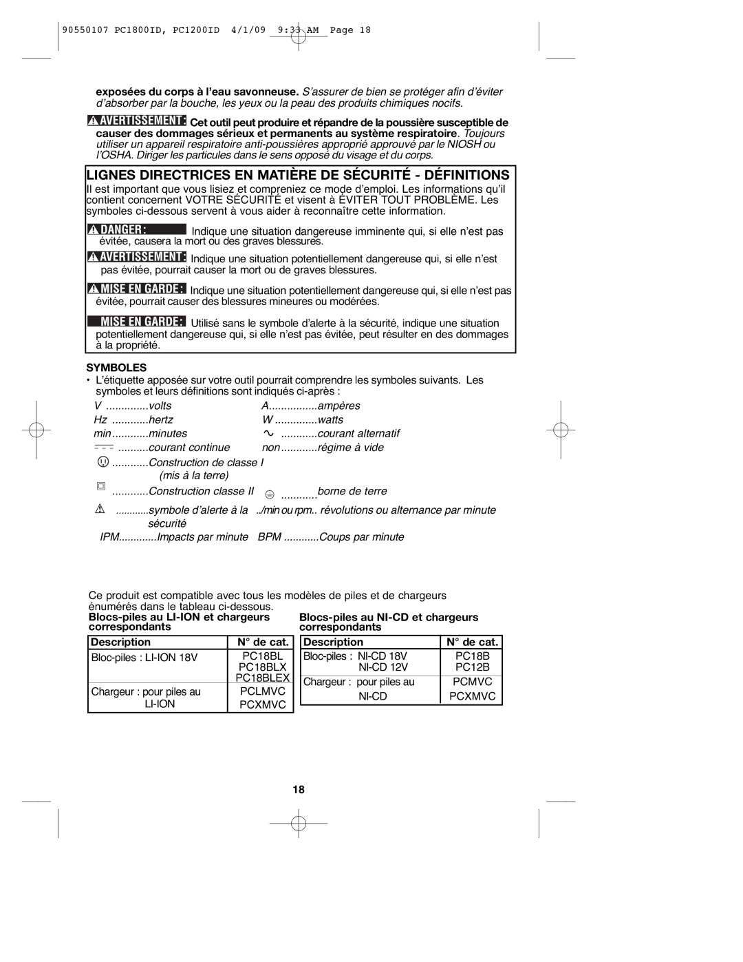 Porter-Cable 90550107, PCL180ID, PC1800ID, PC1200ID Lignes Directrices EN Matière DE Sécurité Définitions, Symboles 