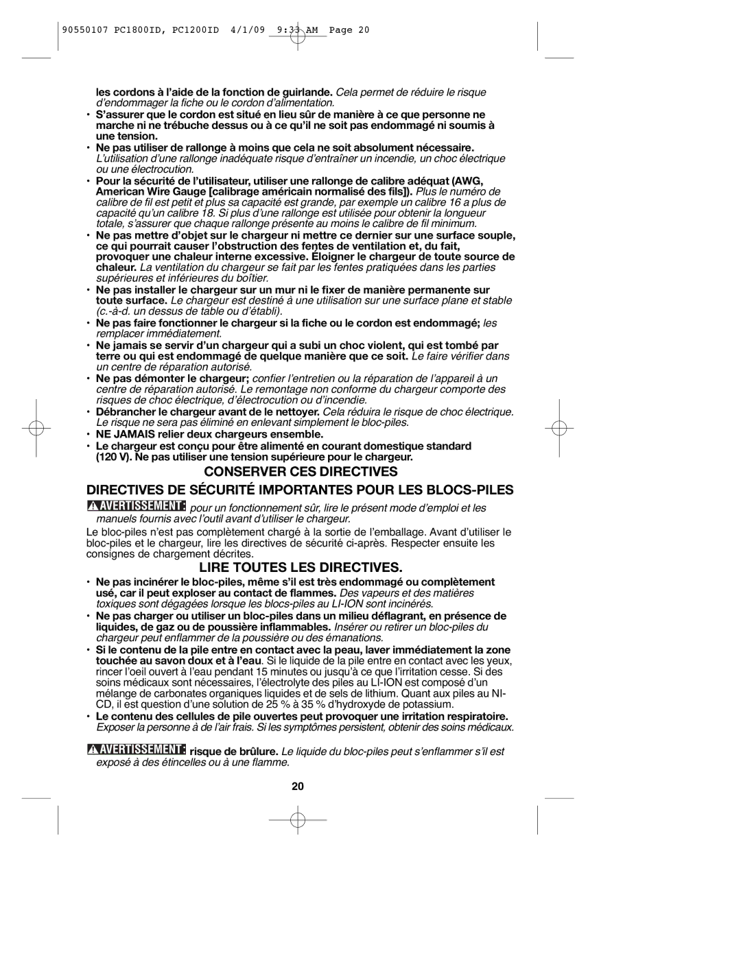 Porter-Cable PCL180ID, PC1800ID, 90550107, PC1200ID instruction manual Lire Toutes LES Directives 