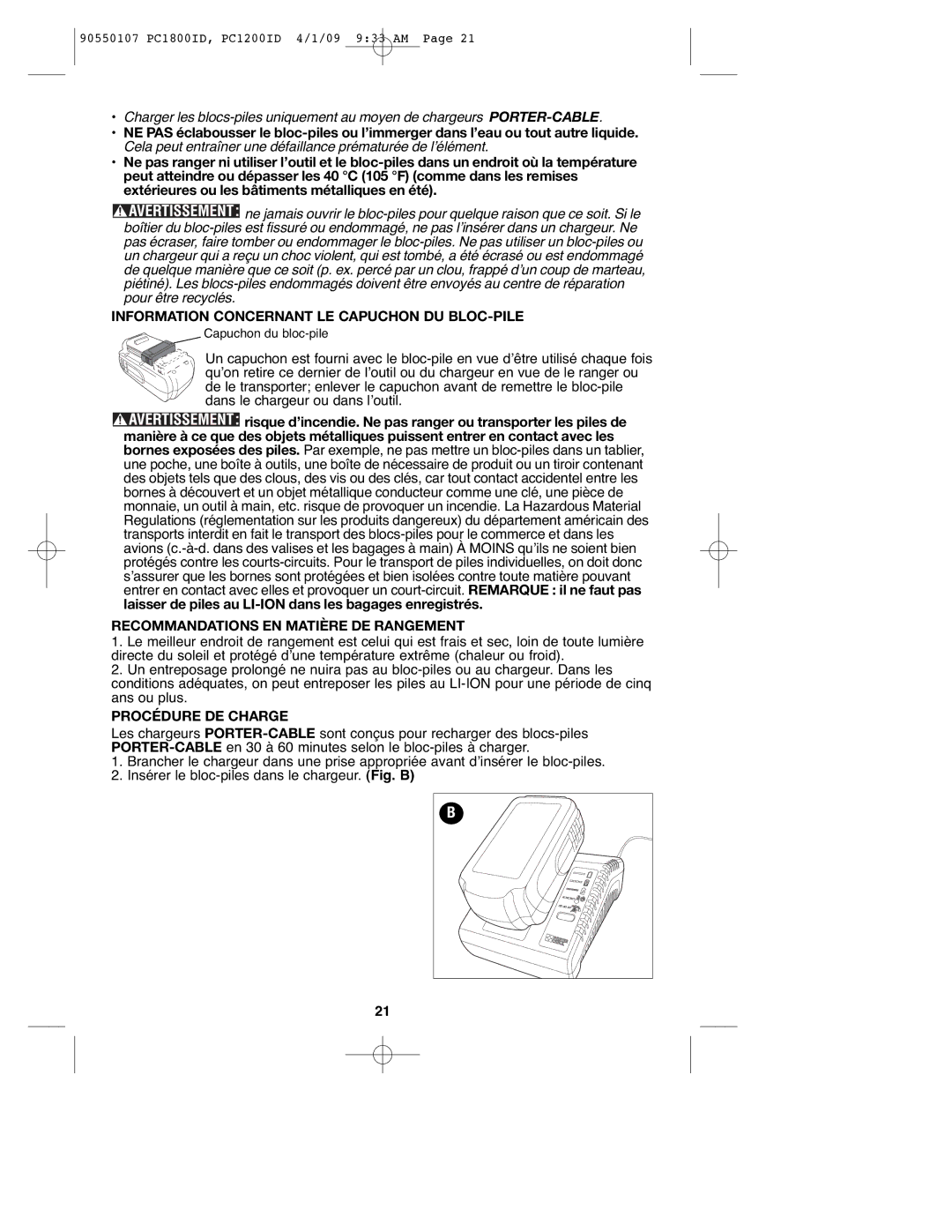 Porter-Cable PC1800ID, PCL180ID Information Concernant LE Capuchon DU BLOC-PILE, Recommandations EN Matière DE Rangement 