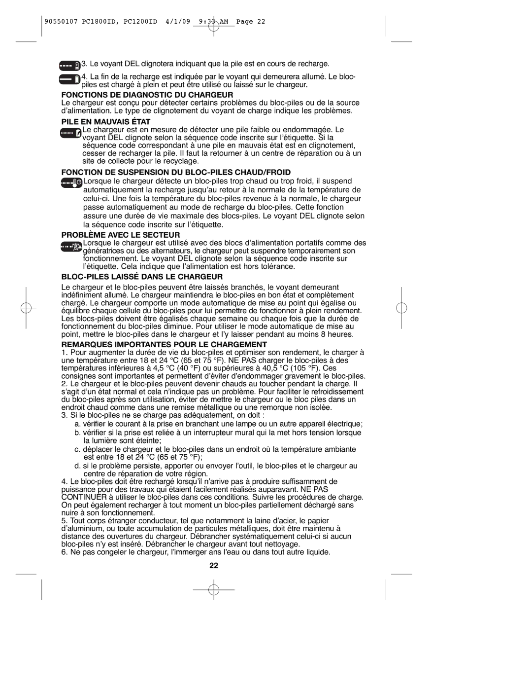 Porter-Cable 90550107, PCL180ID Fonctions DE Diagnostic DU Chargeur, Pile EN Mauvais État, Problème Avec LE Secteur 