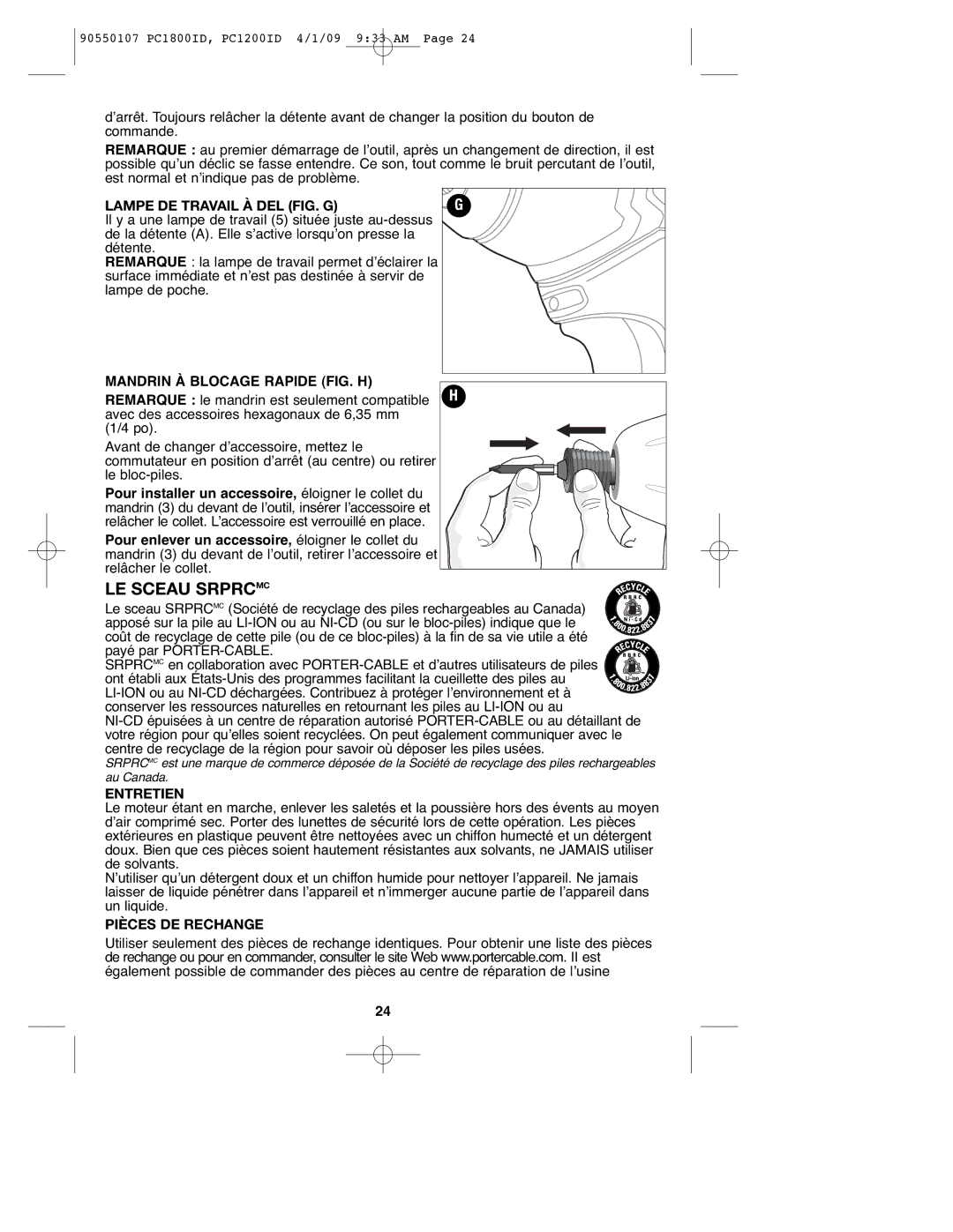 Porter-Cable PCL180ID LE Sceau Srprcmc, Lampe DE Travail À DEL FIG. G, Mandrin À Blocage Rapide FIG. H, Entretien 