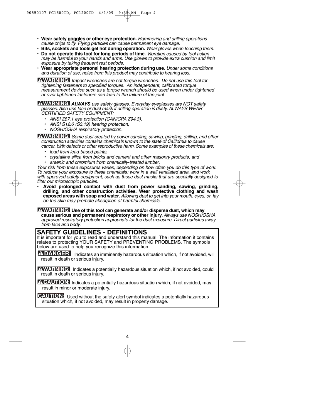 Porter-Cable PCL180ID, PC1800ID, 90550107, PC1200ID instruction manual Safety Guidelines Definitions 