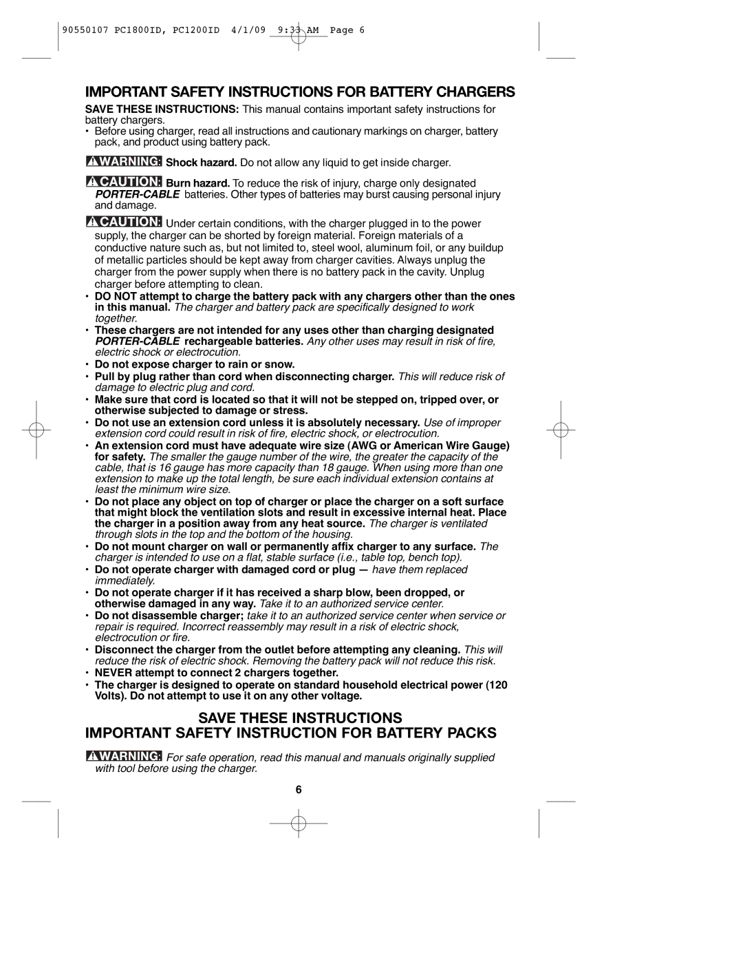 Porter-Cable 90550107, PCL180ID, PC1800ID, PC1200ID instruction manual Important Safety Instructions for Battery Chargers 