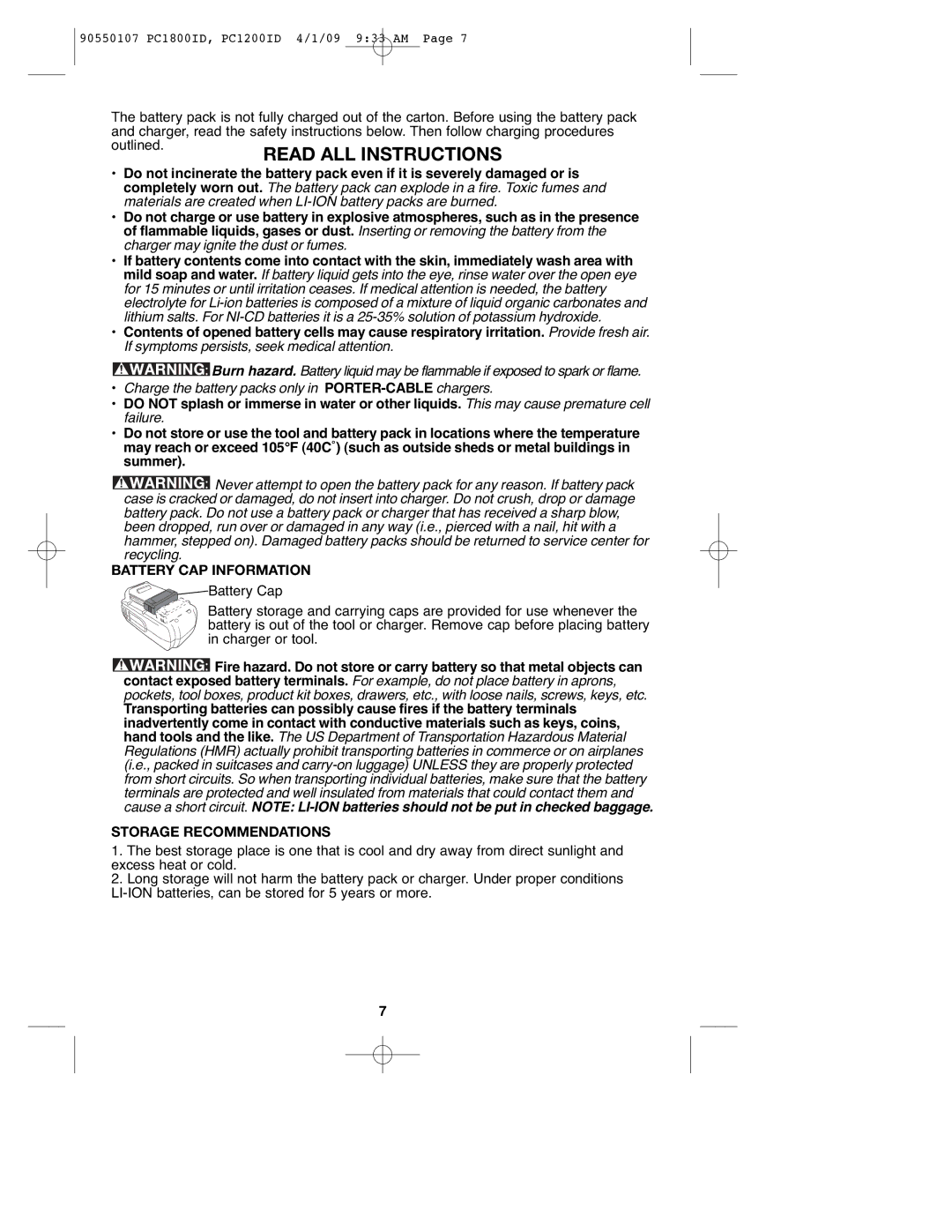 Porter-Cable PC1200ID, PCL180ID, PC1800ID, 90550107 instruction manual Battery CAP Information, Storage Recommendations 